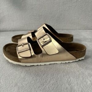 Birkenstock Arizona Two-Strap Sandals in Metallic Rose Gold